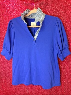 Umgee Royal Blue Short Sleeve Knit Top with Striped Collar